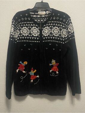 Alfred Dunner Black Zip Cardigan with White Fair Isle and Colorful Ice Skaters